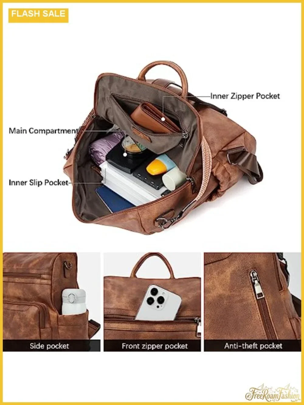 Women's Vegan Leather Travel Backpack Purse with Wristlet, Water Resistant
